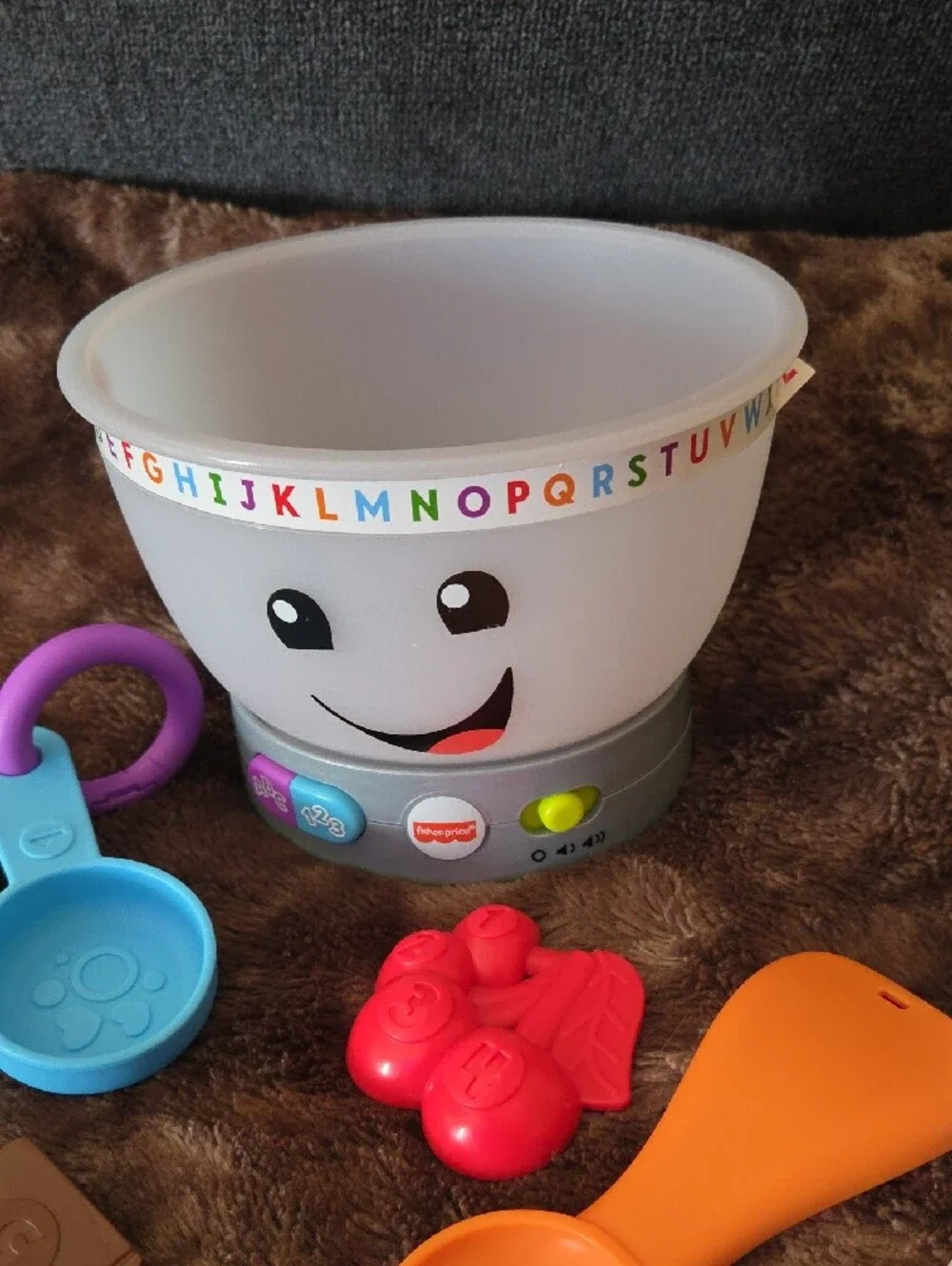 Fisher-Price White Learning Bowl with Orange Spoon and Colorful Accessories